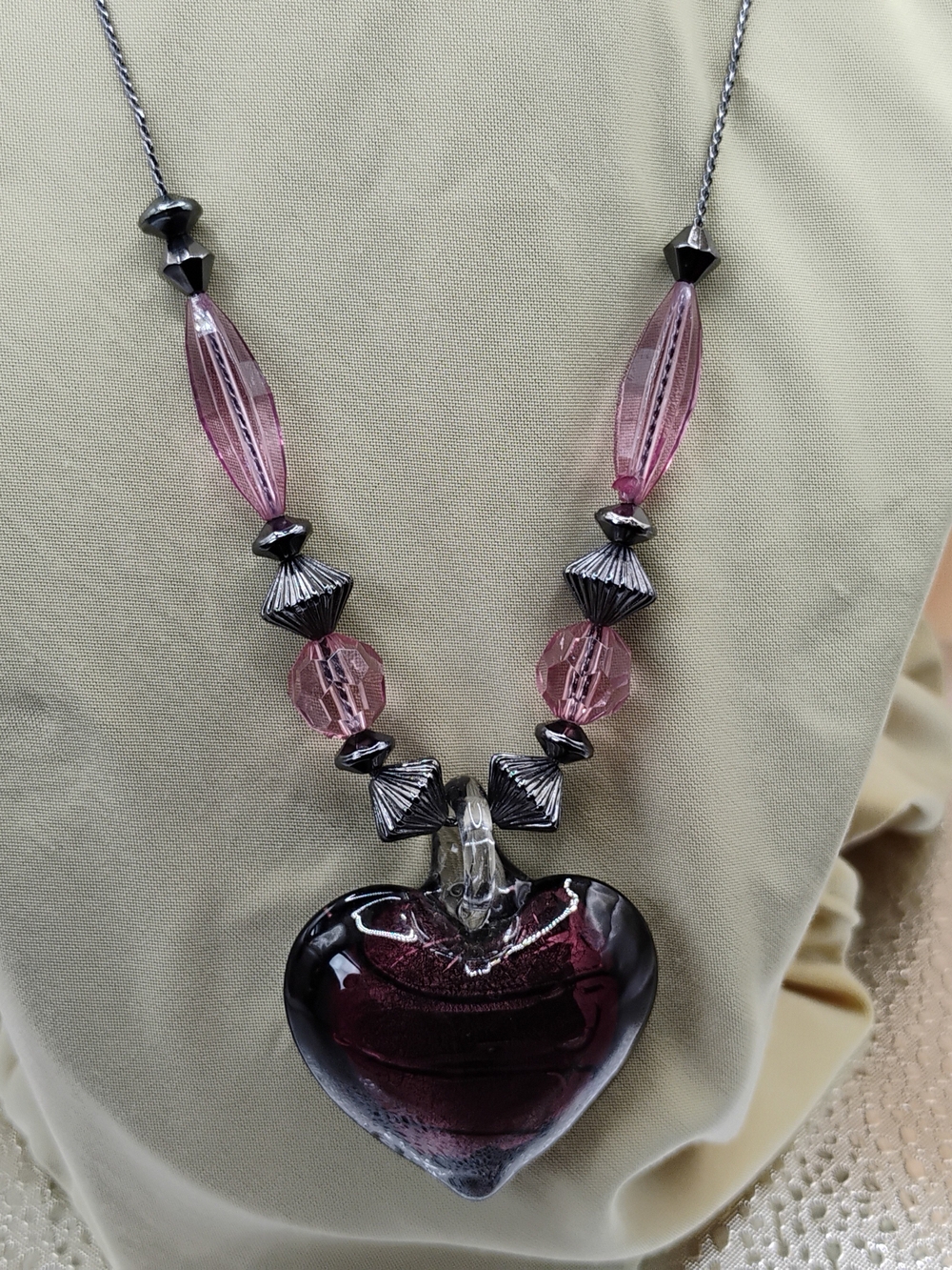 Purple Glass Heart Pendant Necklace with Hematite Beads